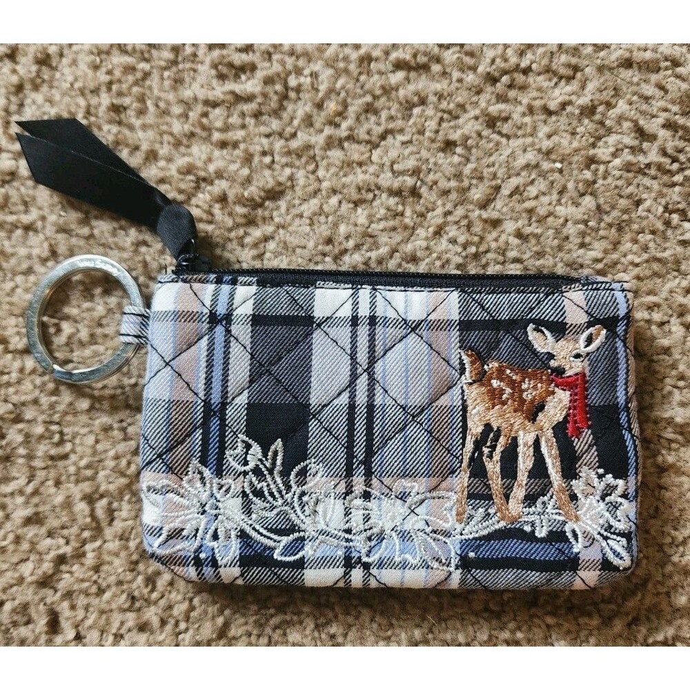 Vera Bradley Zip ID case in Embroidered Fawn Cozy Plaid Neutral EUC